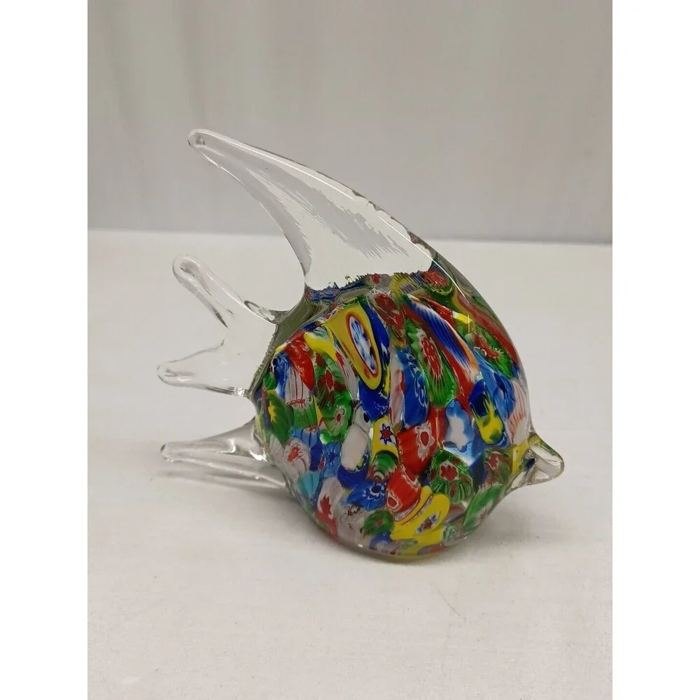 Murano Millefiori Style Art Glass Angel Fish Paperweight MultiColor Hand Crafted